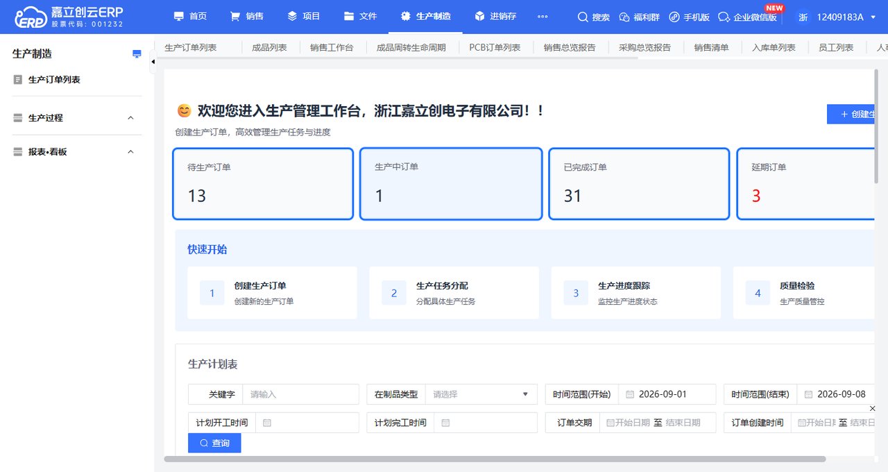 生产管理工作台数据卡截图