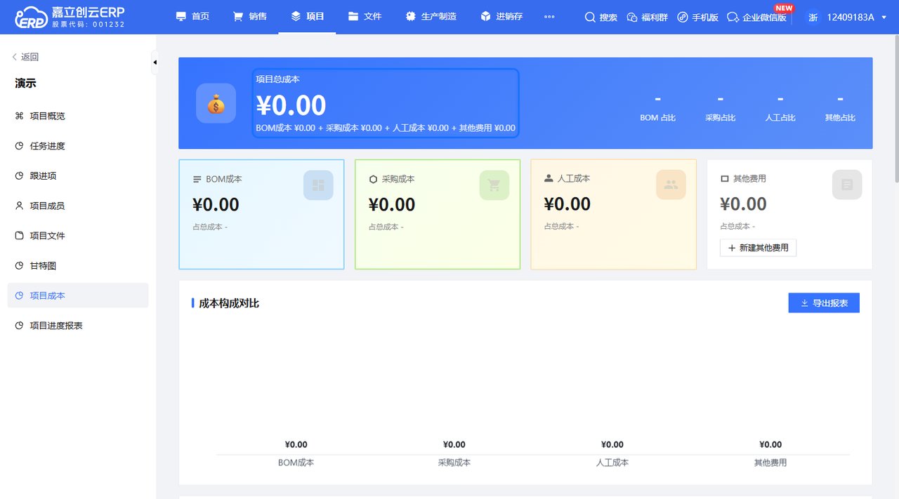 项目成本页面展示四类成本构成截图